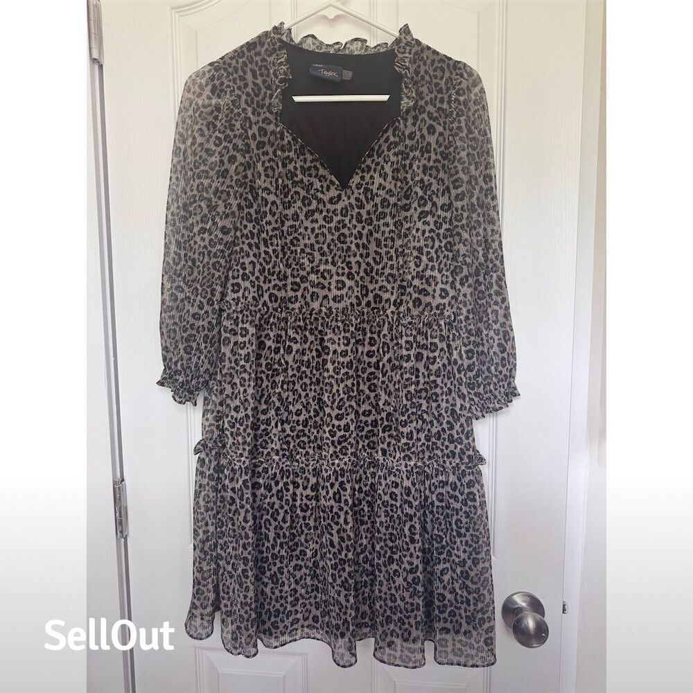 NWOT Just Taylor Shimmery Leopard Print Tiered Dress Brown Size 6 Party Cocktail